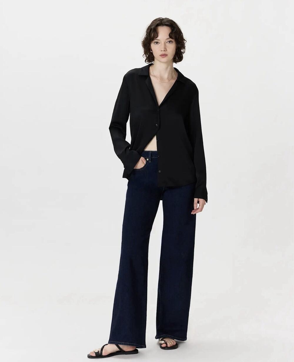 Quince Washable Stretch Silk Collared Long Sleeve Blouse in Black size M
